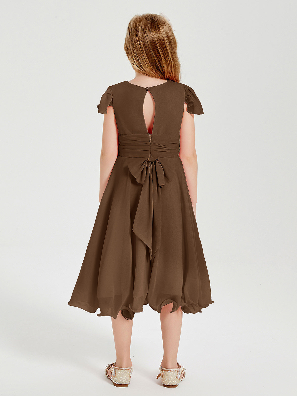 Chiffon Tea Length Junior Bridesmaid Dresses Brown